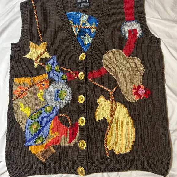 Vtg 90s Berek Marta D Sweater Vest M Wearable Art Hand Knit Western Cowgirl - Picture 2 of 16